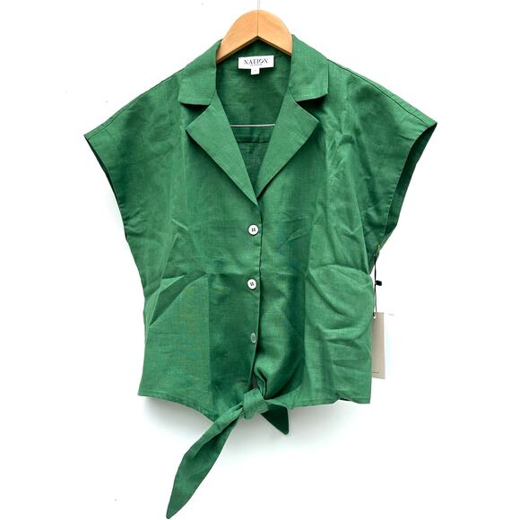 New Nation Ltd Los Angeles Noemi Tie Top Linen Crop Lawn Green Small Blouse - Picture 4 of 11